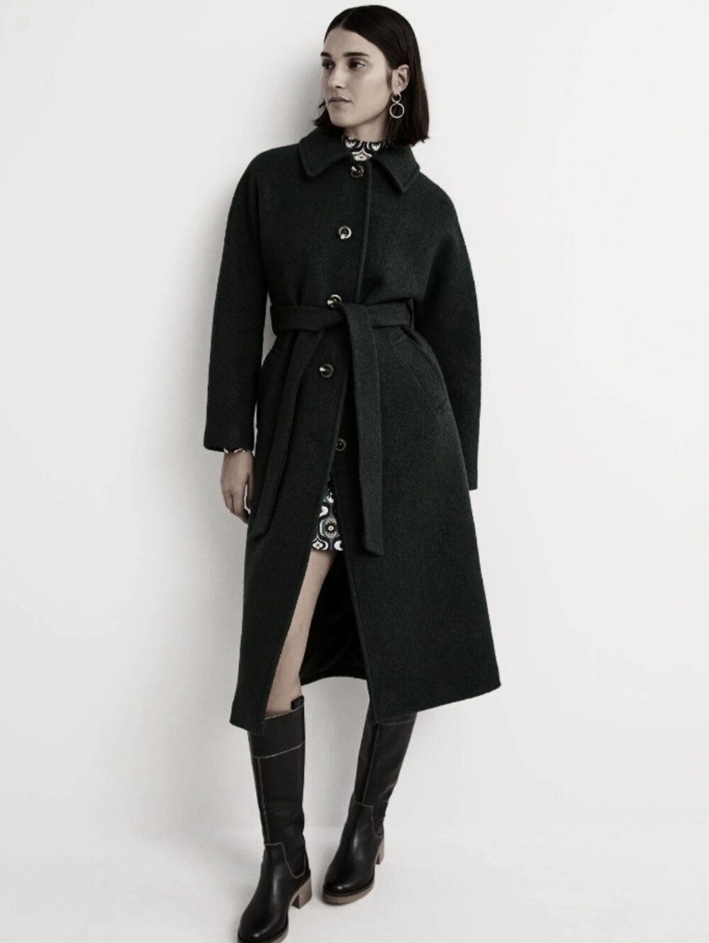 Boden Textured Wool Belted Maxi Coat in Black Size 8P